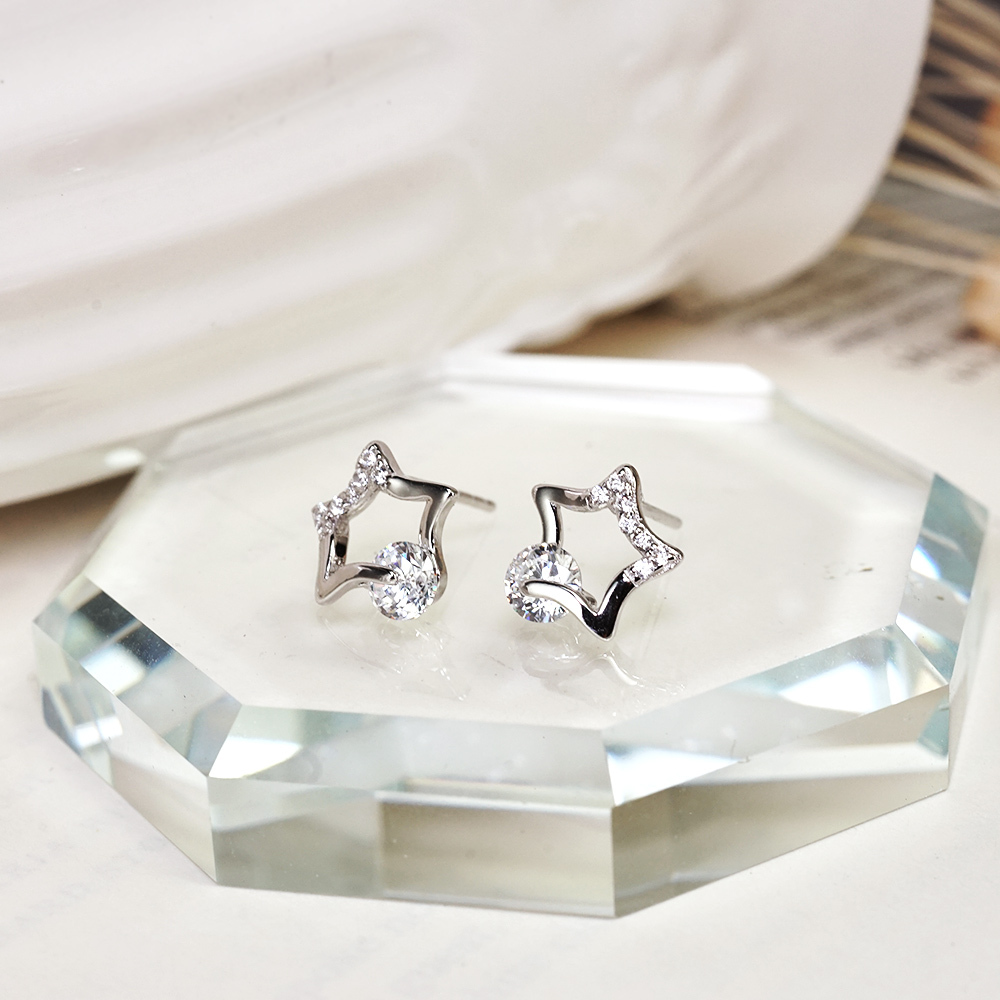限量 光耀星輝 925純銀耳環 耳針式 電鍍 白K金 鑲鑽 女生耳環