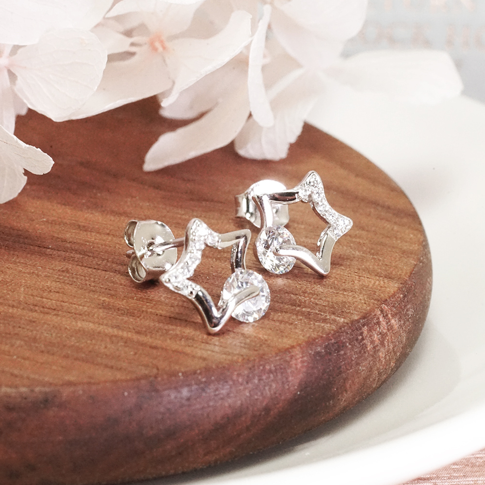 限量 光耀星輝 925純銀耳環 耳針式 電鍍 白K金 鑲鑽 女生耳環