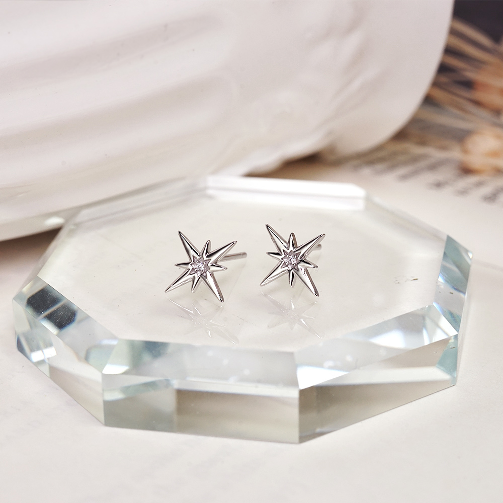 ART64限量北極星的指引925純銀耳環耳針式電鍍白K金鑲鑽女生耳環