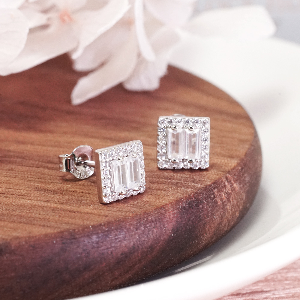限量 霓虹燦光 方鑽 925純銀耳環 耳針式 電鍍 白K金 鑲鑽 女生耳環