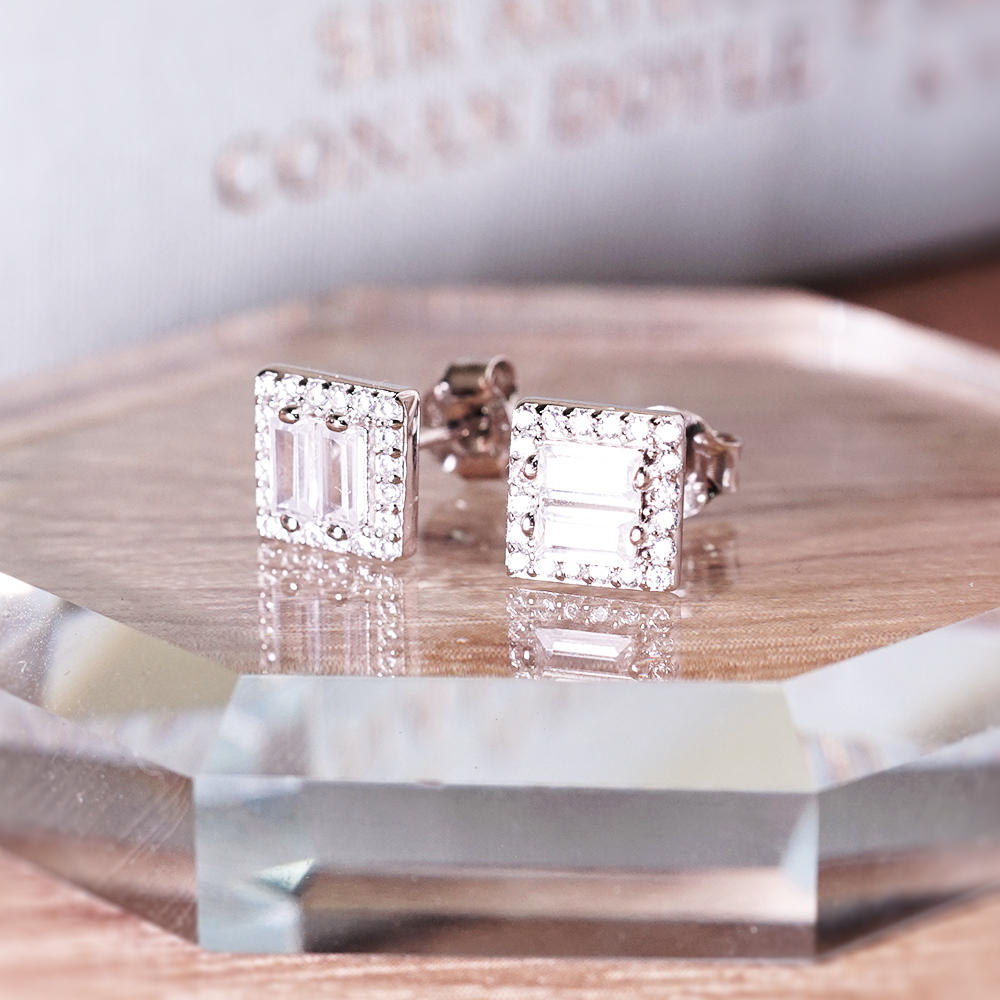 限量 霓虹燦光 方鑽 925純銀耳環 耳針式 電鍍 白K金 鑲鑽 女生耳環