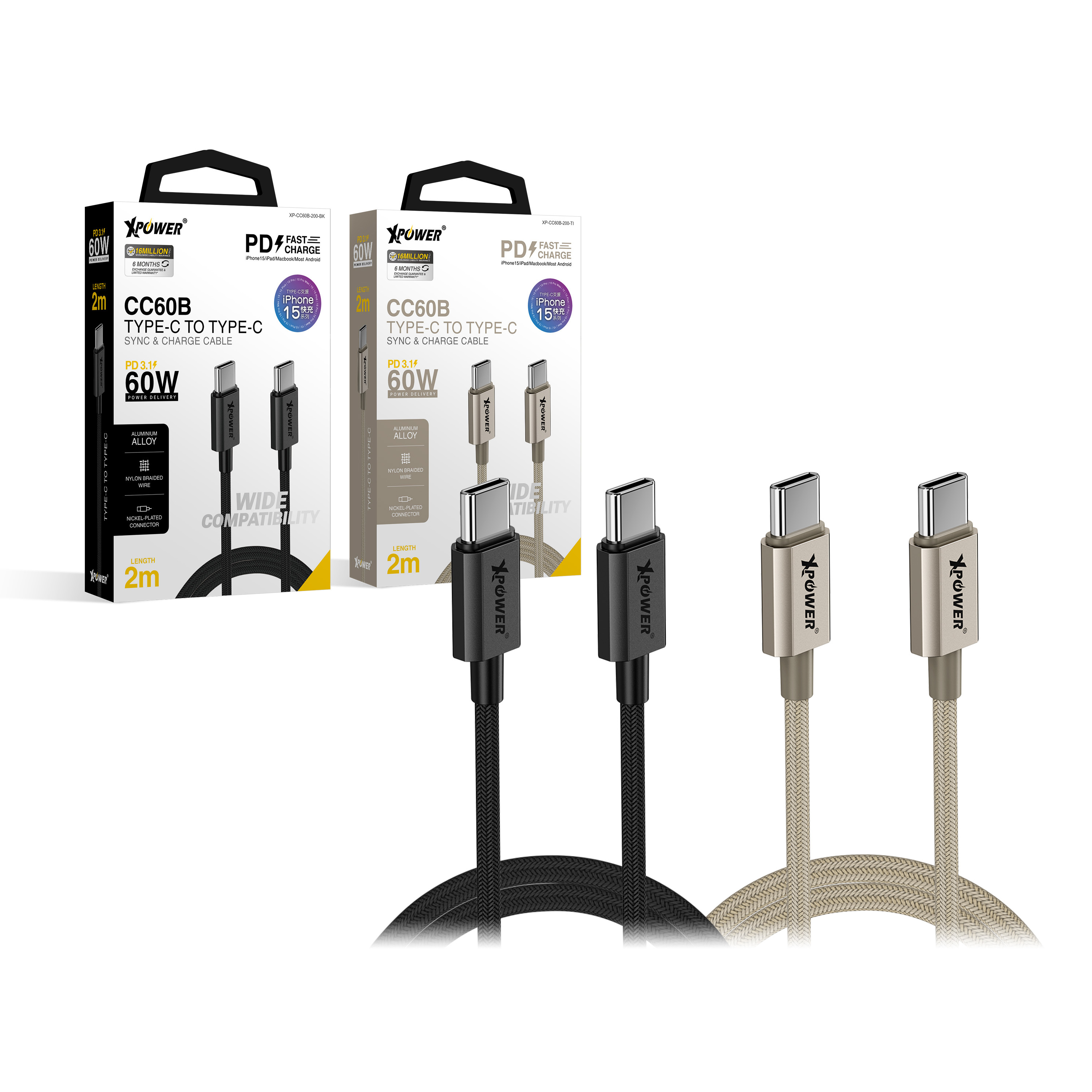 XPower CC60B 2m 鋁合金60W高速傳輸充電Type-C>Type-C線