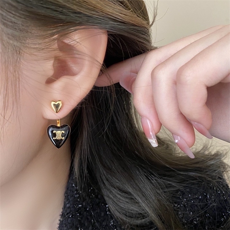 凱旋門 黑金釉桃心後扣耳釘