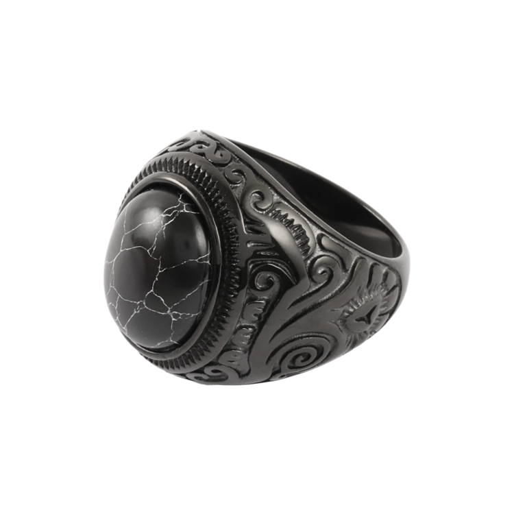 白鋼戒指，男士戒指 鑲嵌橢圓黑紋石；古典雕花紋理匠心獨具（3669黑紋石）