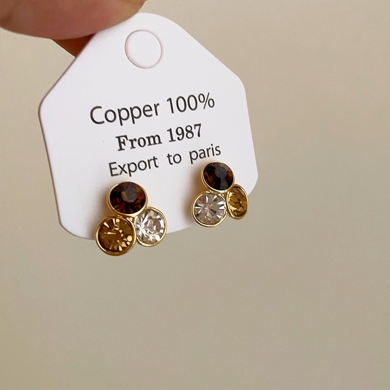 玫瑰咖金 圓水晶耳釘