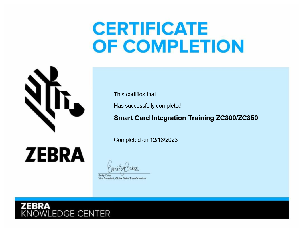 Zebra ZC300 / ZC350 智能卡整合培訓證書