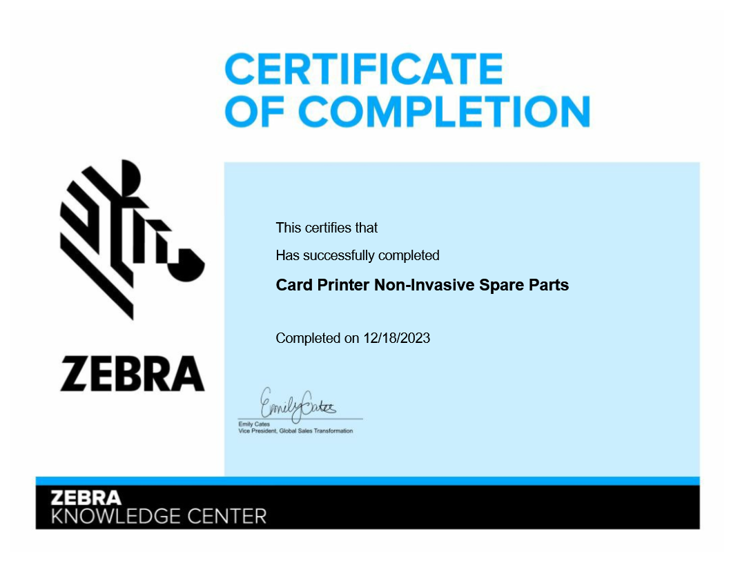 Zebra 證卡打印機備用零件證書