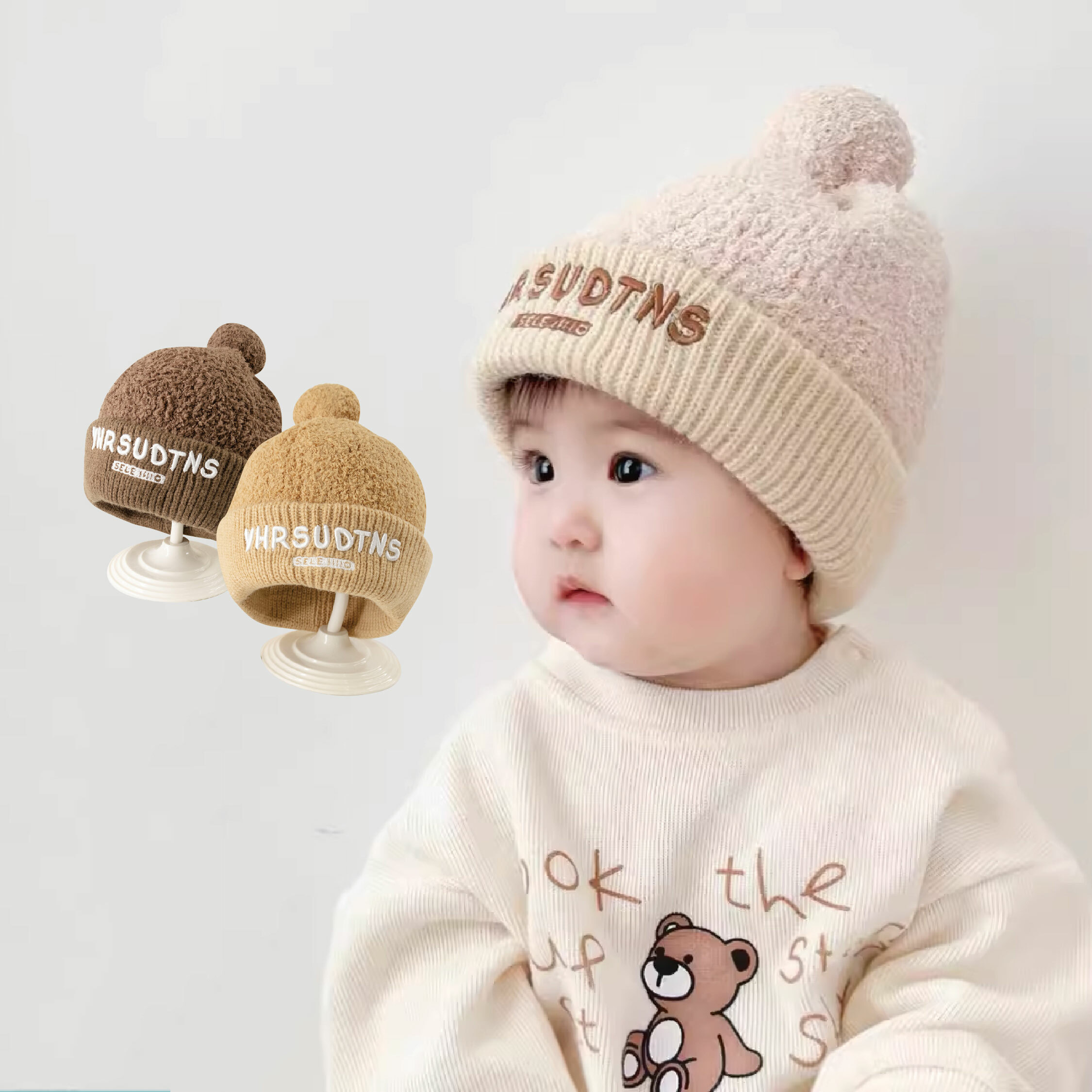 【JA1397】球球刺繡字母雙層厚保暖針織帽＊三色