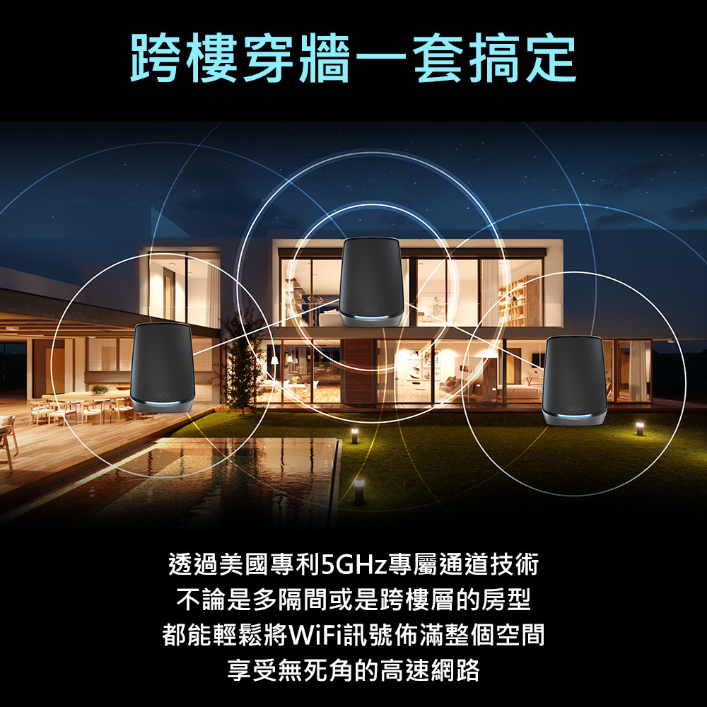 跨樓穿牆一套搞定-不論是跨樓層的透天厝，或是格局複雜的大坪數空間，都能透過Orbi 三頻 Mesh WiFi 分享器/路由器讓WiFi布滿整個空間