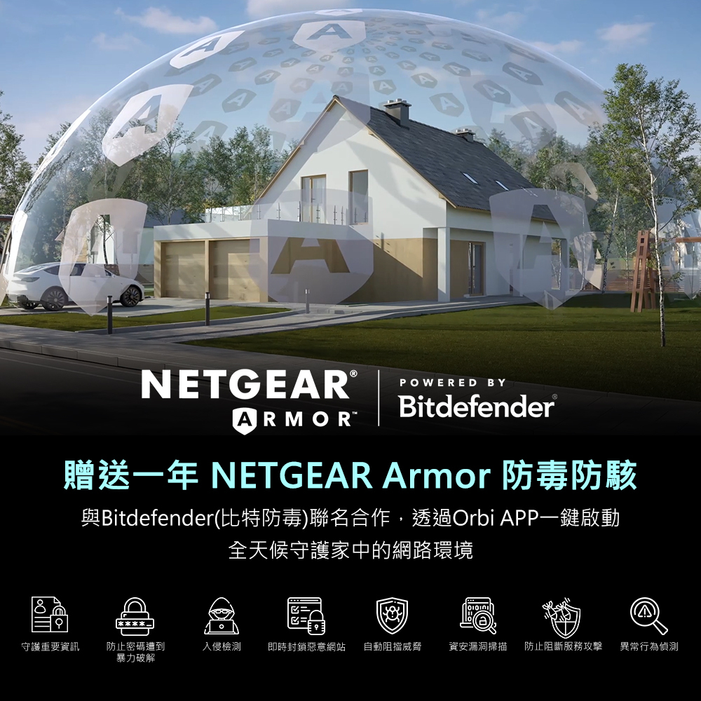 購買Orbi RBK863SB 三頻 Mesh WiFi 6 路由器/分享器，贈送一年NETGEAR ARMOR網路防毒防駭服務