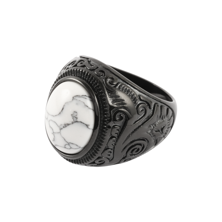 白鋼戒指，男士戒指 鑲嵌橢圓白紋石；古典雕花紋理匠心獨具（3669白紋石）