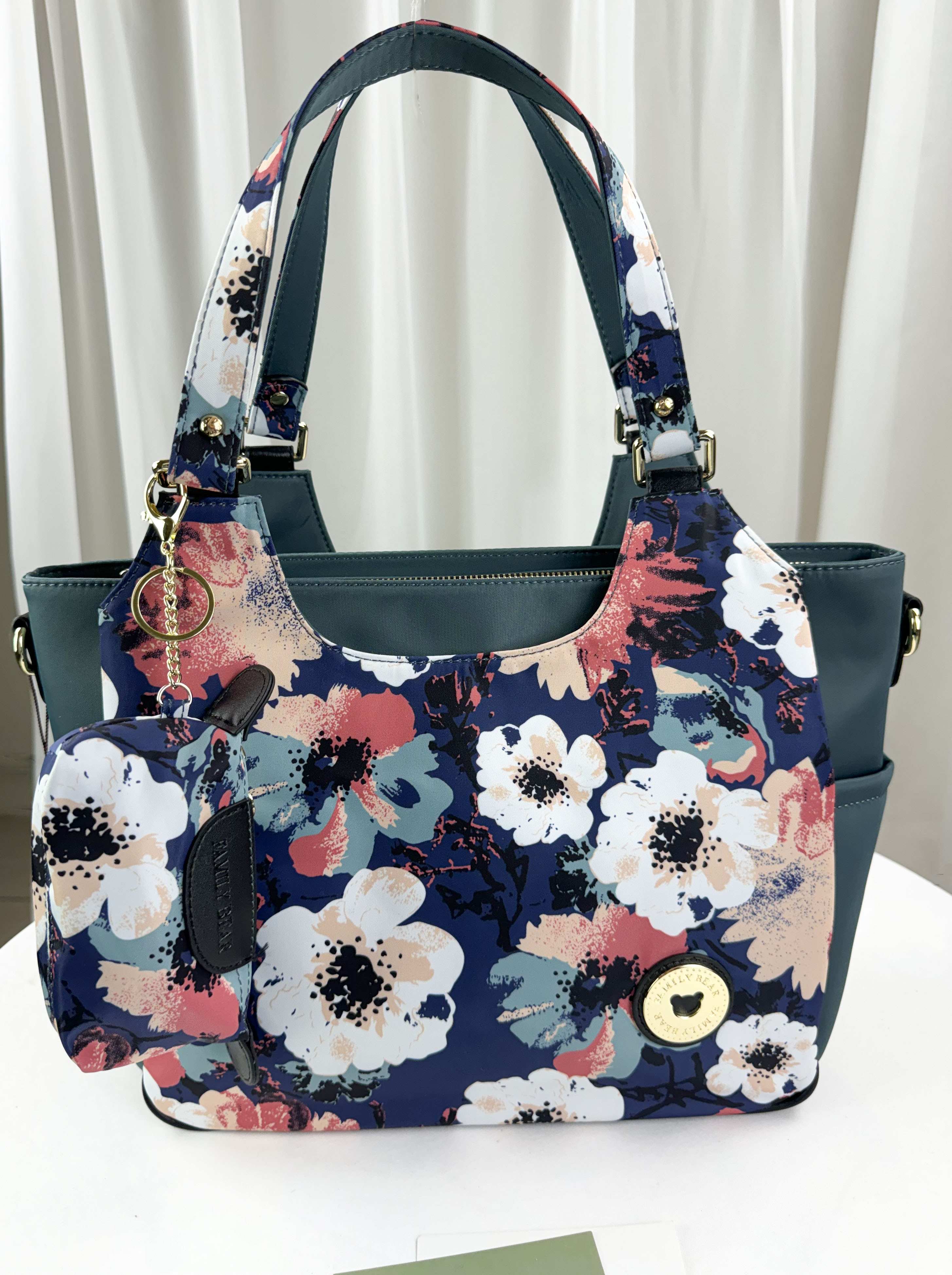 FamilyBear 藍綠花朵防潑水手提包 / 側背包 2756