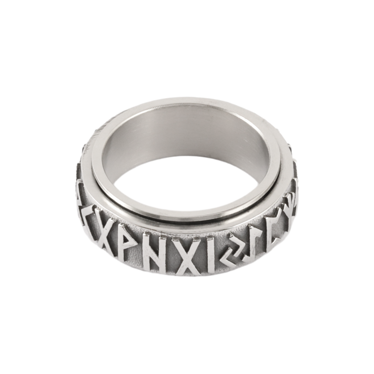 白鋼戒指，男士戒指 北歐盧恩字母符文；戒面可旋轉設計（3671）