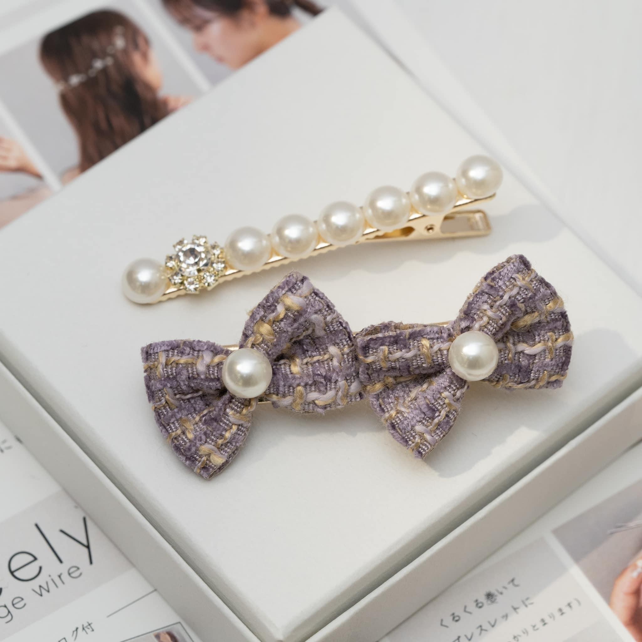 格仔布蝴蝶結拼珍珠閃石套裝夾