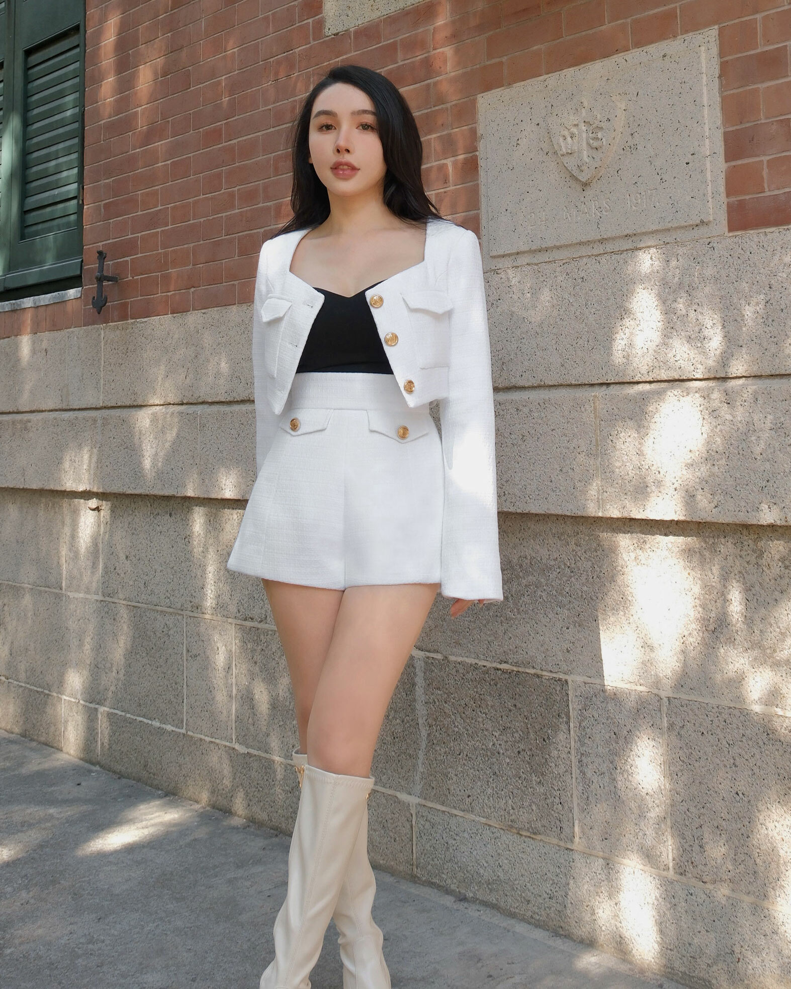 訂製-小香風方領金釦兩件式套裝