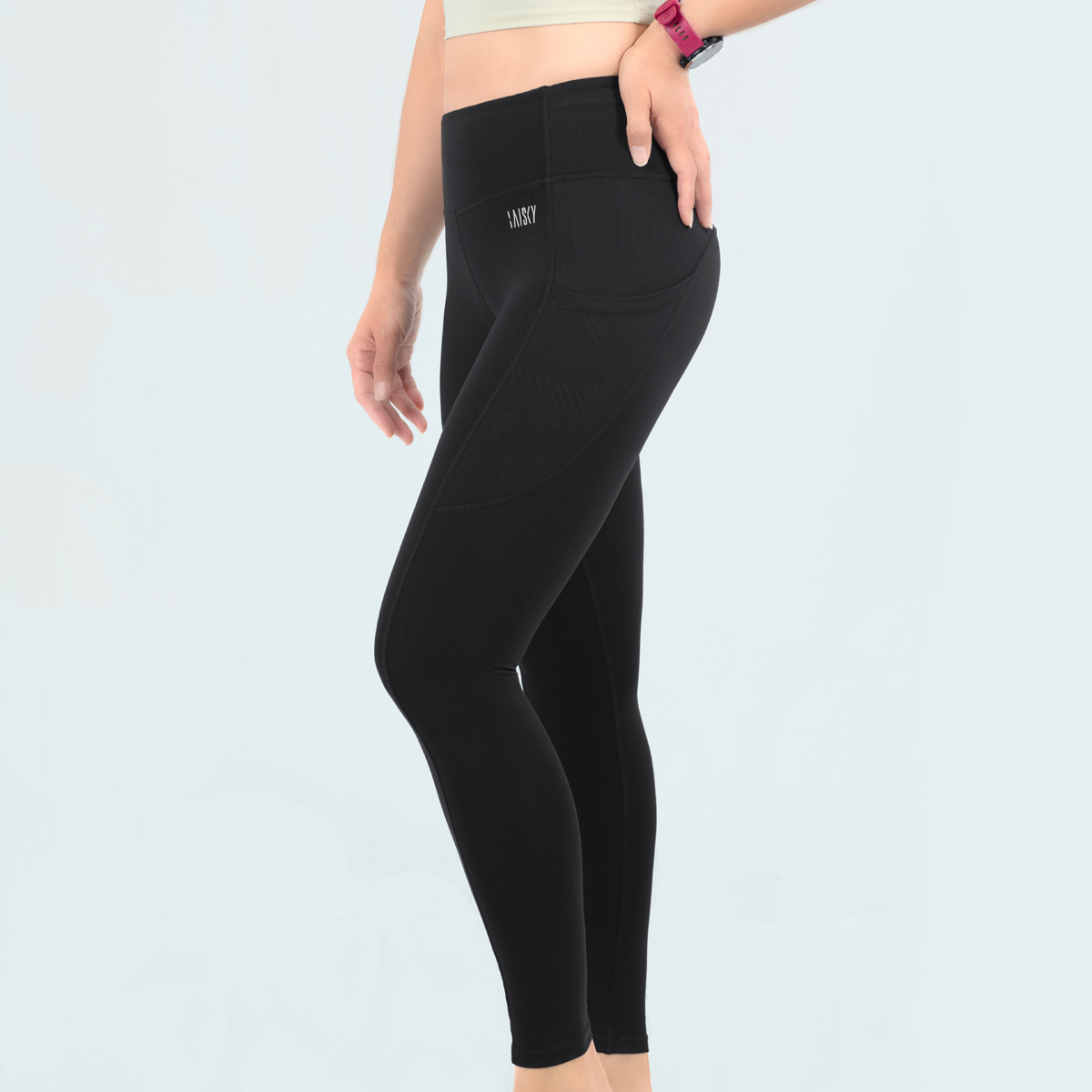 側口袋彈力修身九分褲 黑