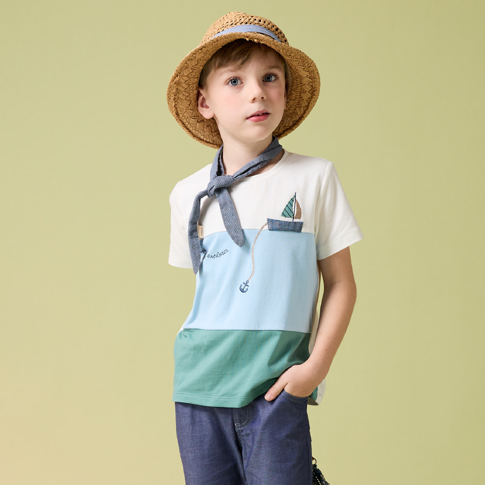 PIPPY歡快小帆船刺繡棉質圓領短袖上衣 米白