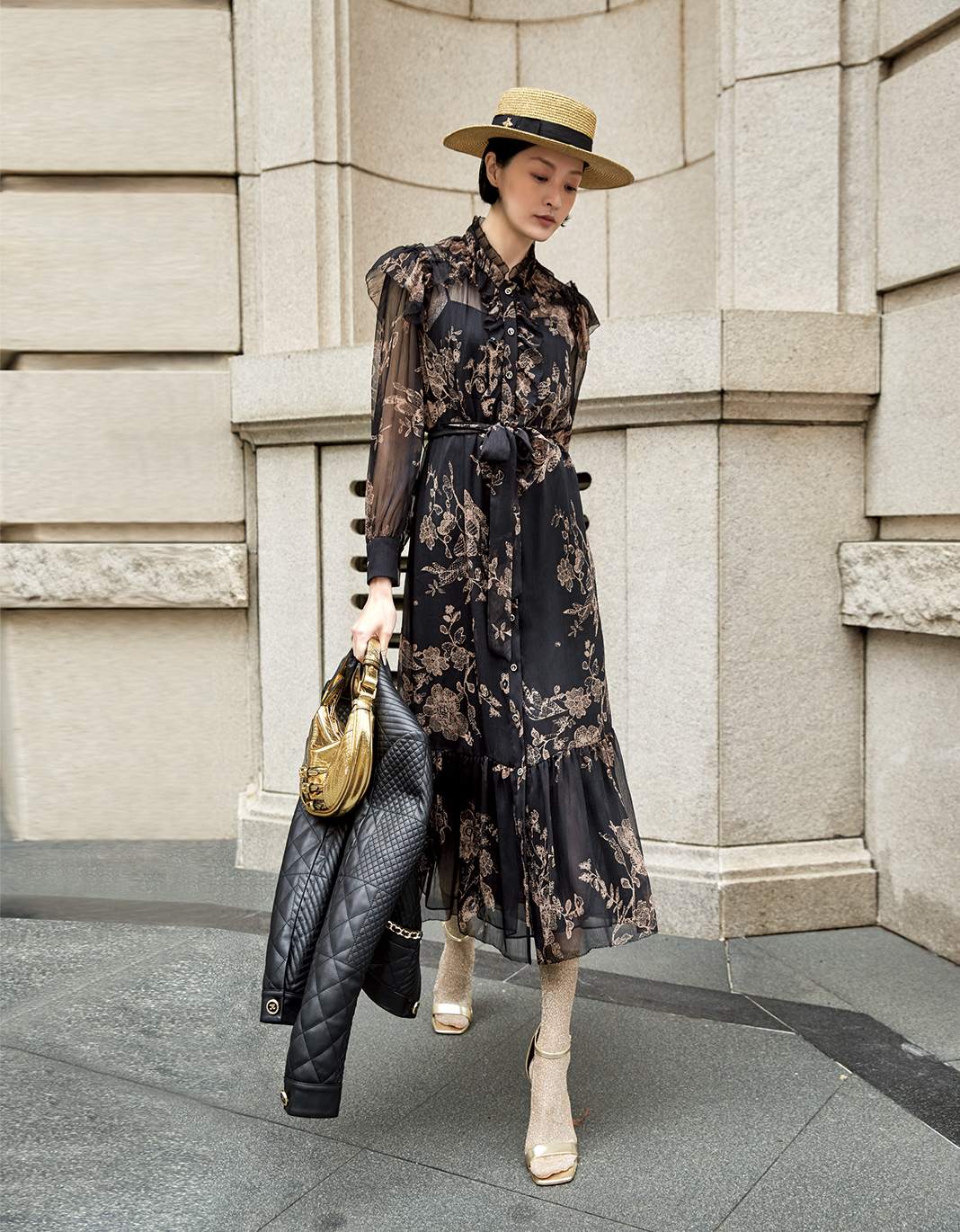 BC15057E1古埃及紙紗草刺繡透膚洋裝