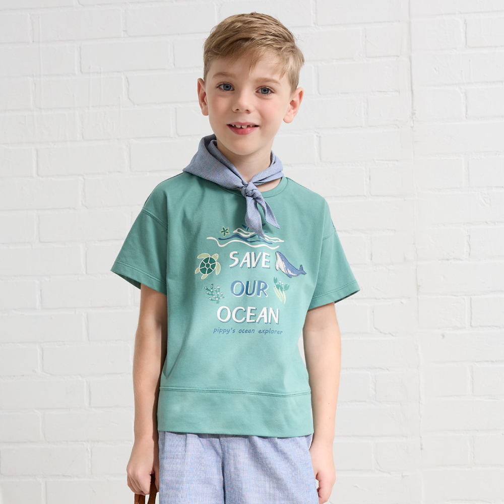 PIPPY陽光海洋永續印花落肩棉質圓領短袖上衣 綠