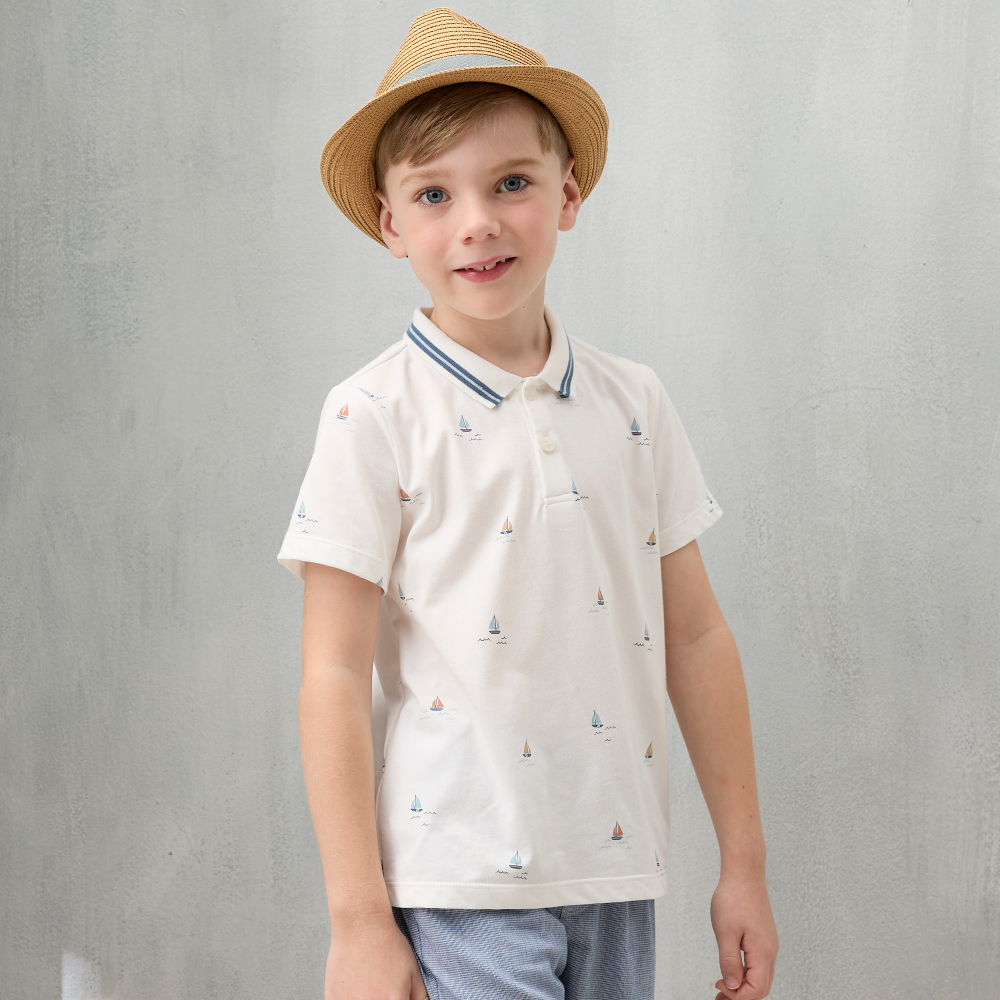 PIPPY航海小帆船印花襯衫領棉質短袖上衣 米白