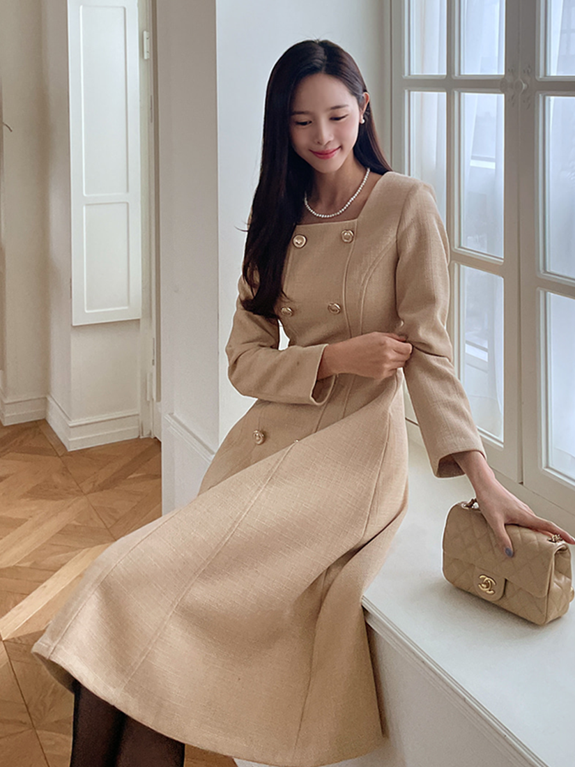 [現貨] 優雅曲線雙釦羊毛洋裝 [ 2色 / M,L ]