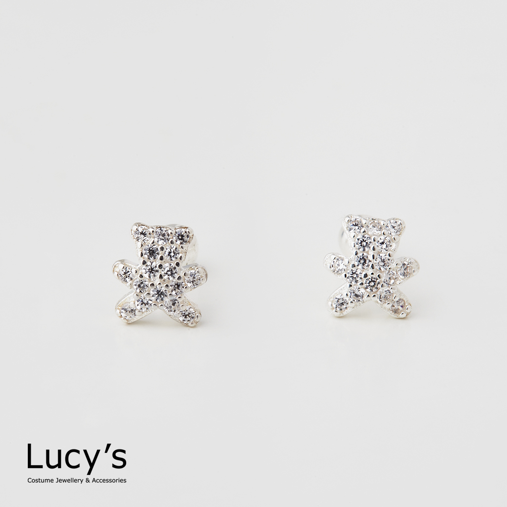 925純銀 滿鑽熊 轉珠耳環 (106970)