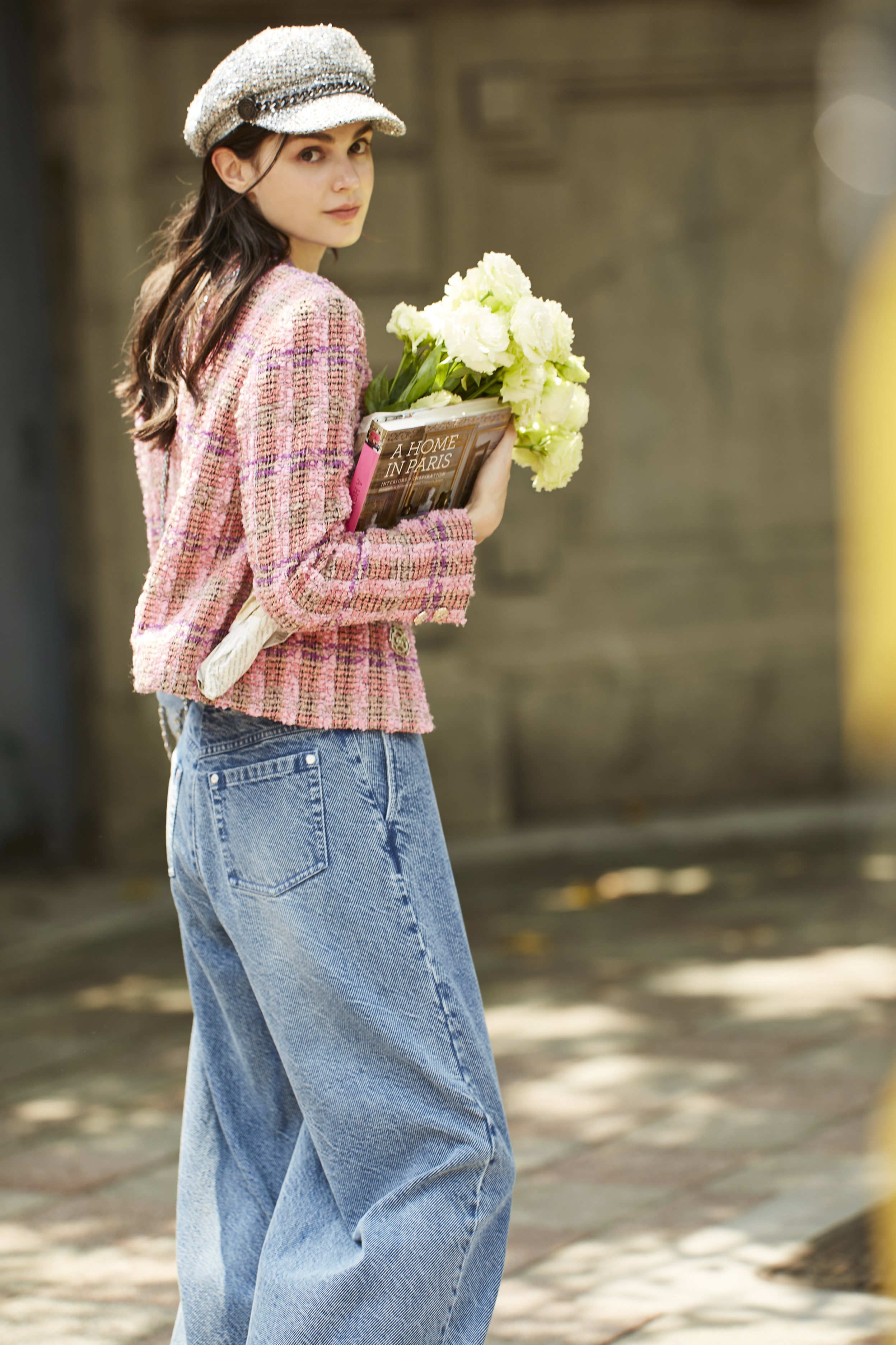 BC15028D1 晨曦玫瑰粉橘絨毛紗小香圓領外套