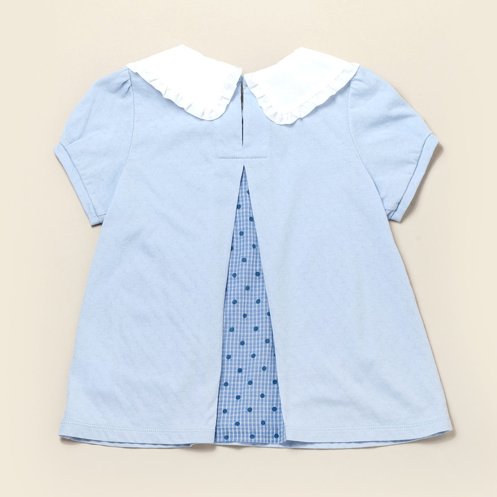 PIPPY甜美娃娃領拼接波浪開叉短袖純棉上衣 水