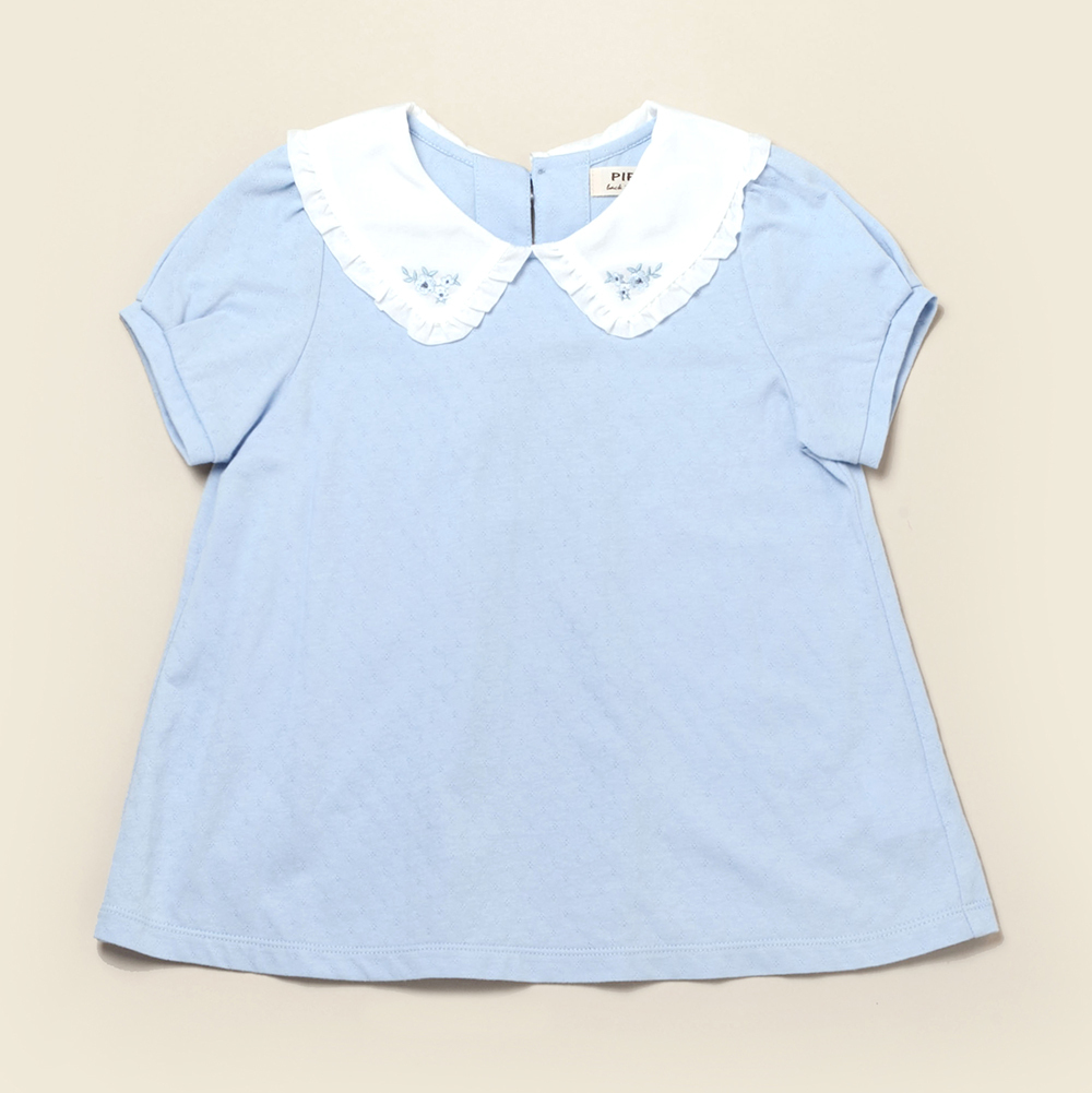 PIPPY甜美娃娃領拼接波浪開叉短袖純棉上衣 水