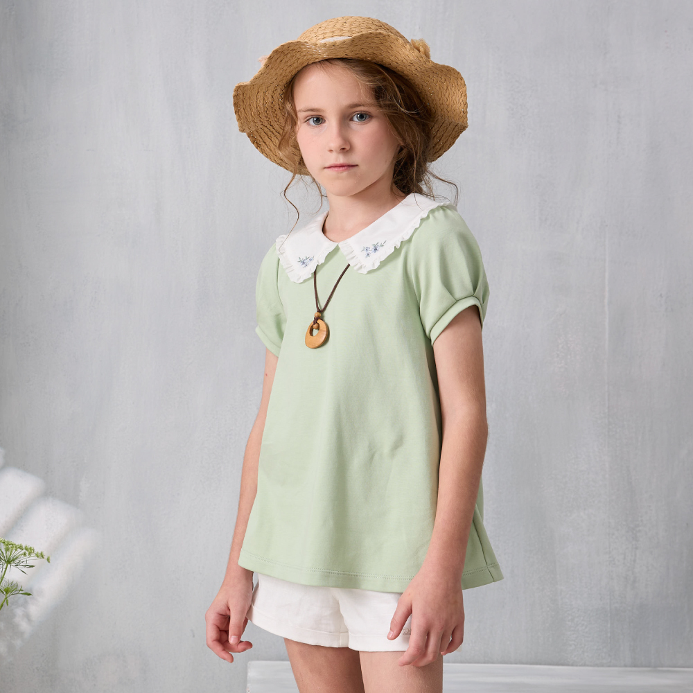 PIPPY 甜美娃娃領拼接波浪開叉純棉短袖上衣 綠