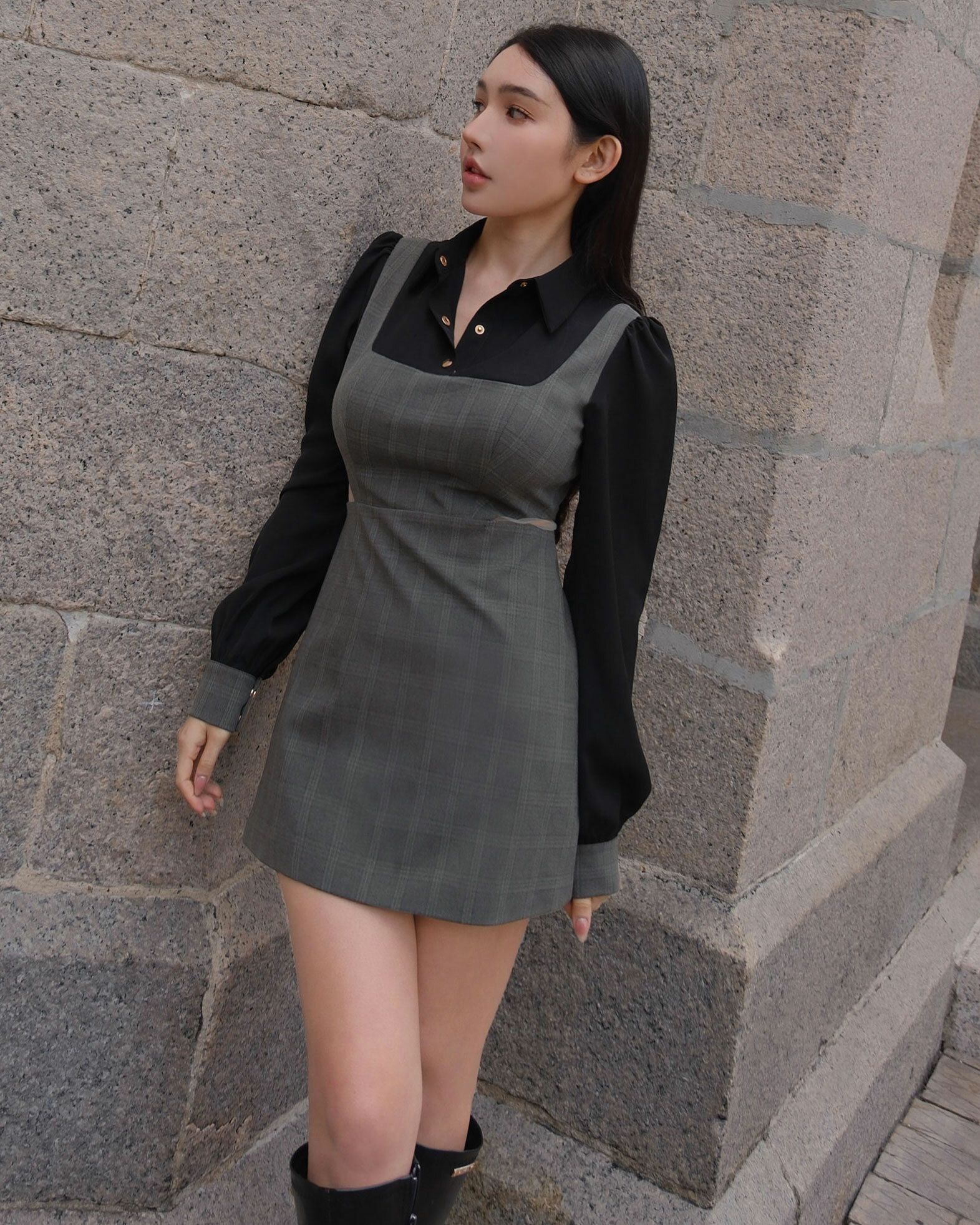 ⭒訂製-質感格紋襯衫露腰洋