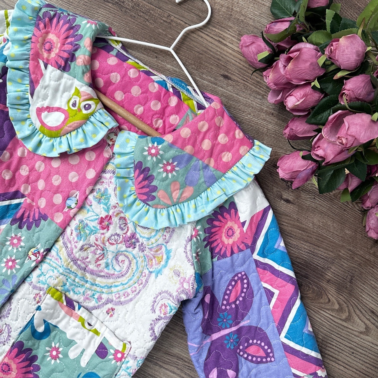 手工製 Remade 拼布短身外套 粉紅拼紫色蝴蝶款