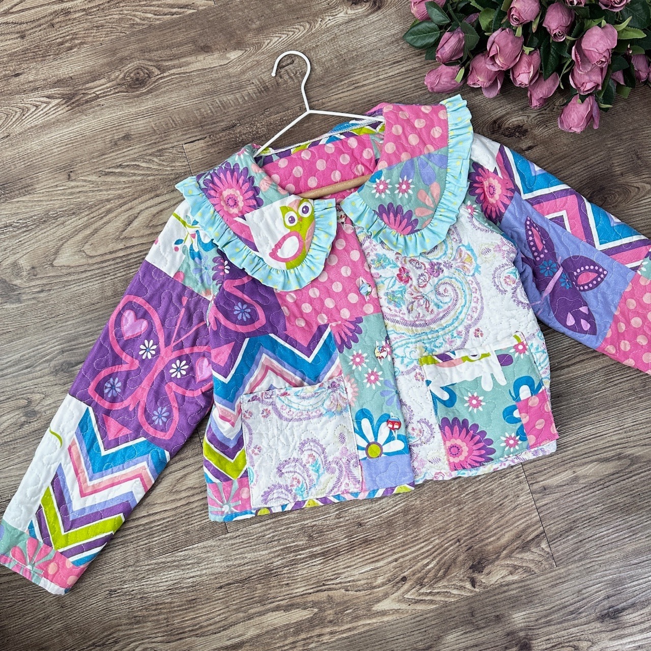 手工製 Remade 拼布短身外套 粉紅拼紫色蝴蝶款