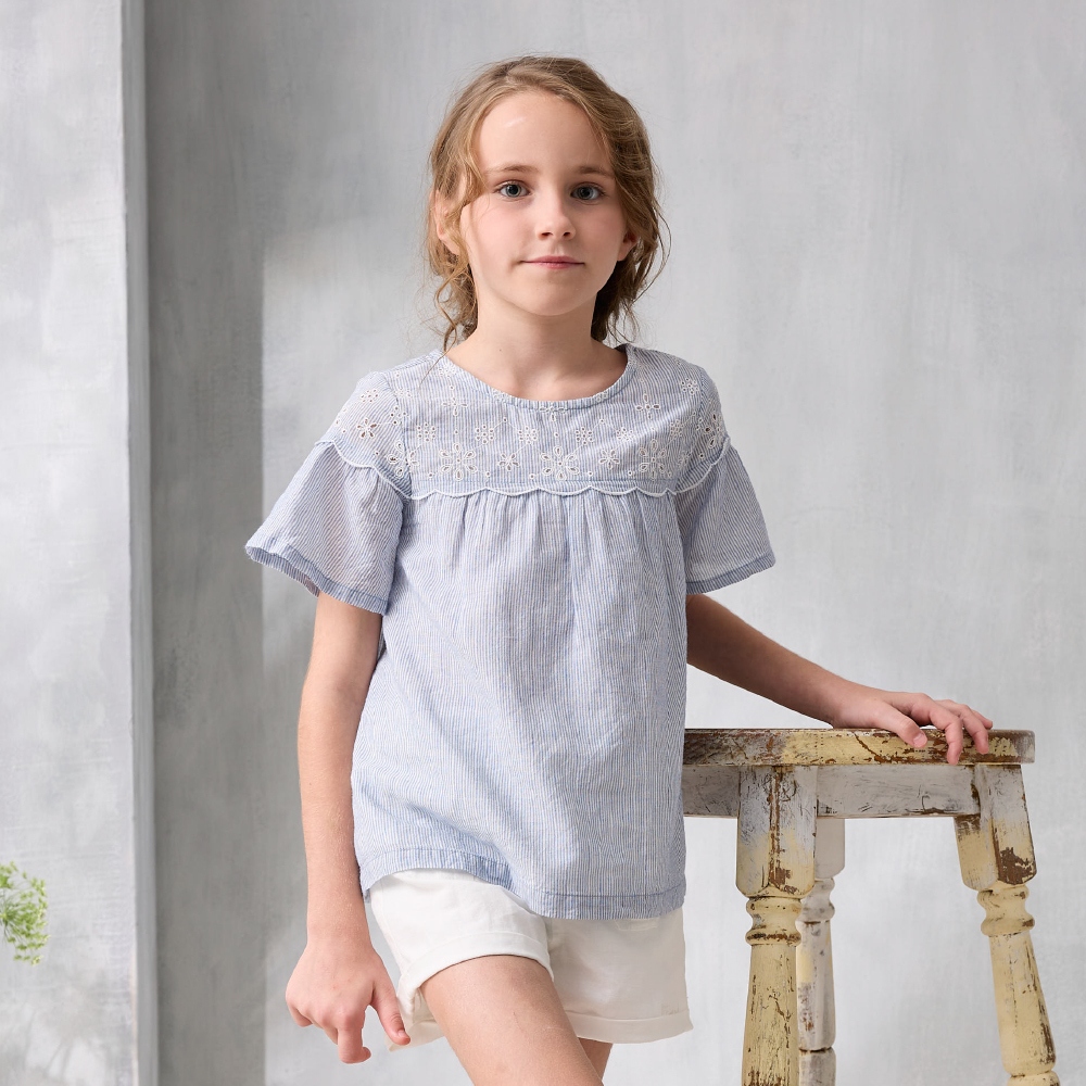 PIPPY優雅燒花直條紋刺繡純棉圓領上衣 水