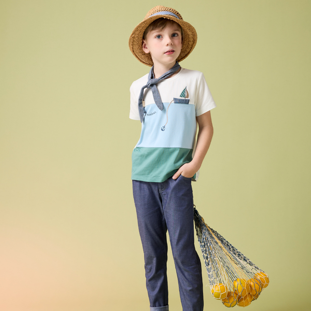 PIPPY簡約直筒壓線棉質彈性牛仔長褲 藍