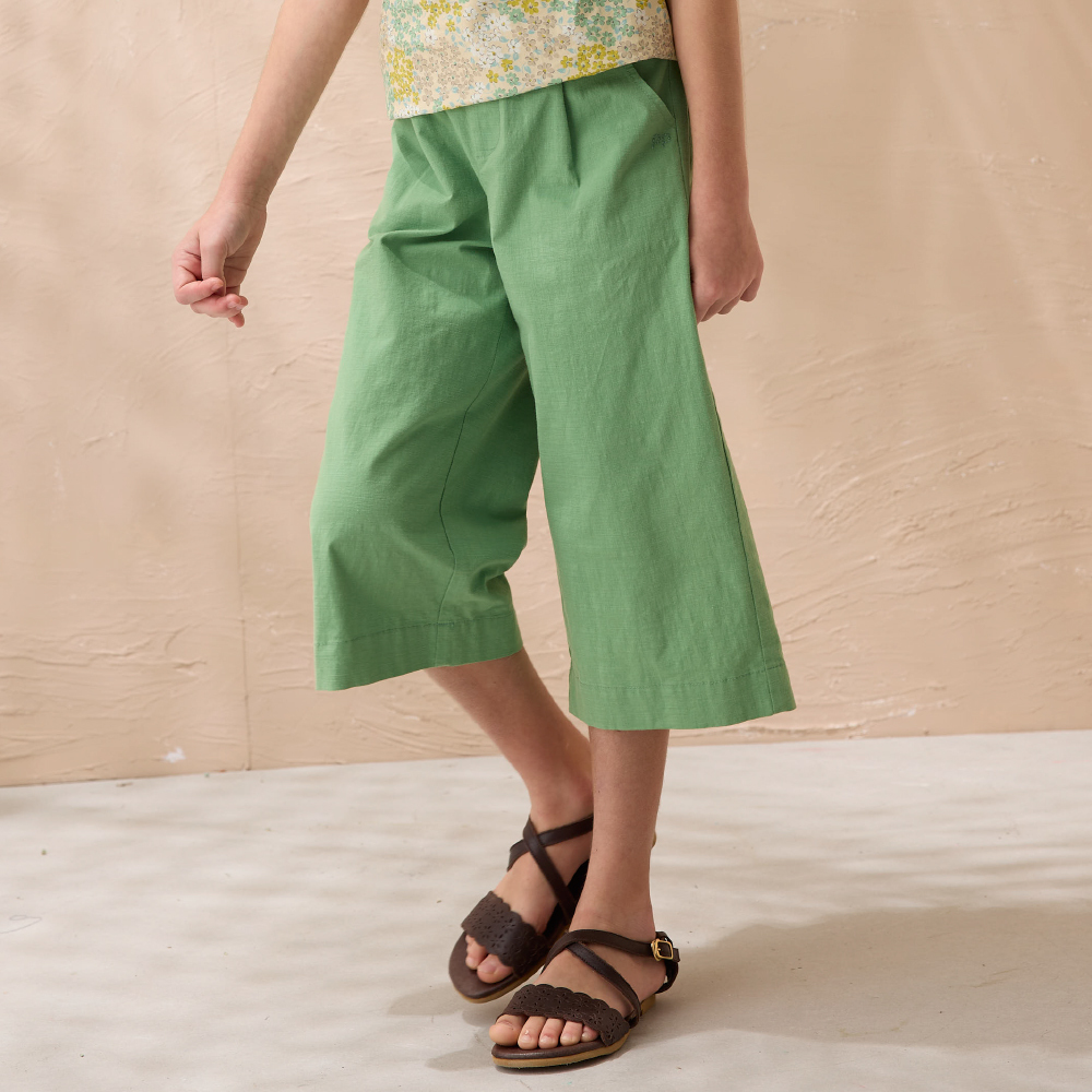 PIPPY簡約百搭棉質彈性寬口7分長褲 綠