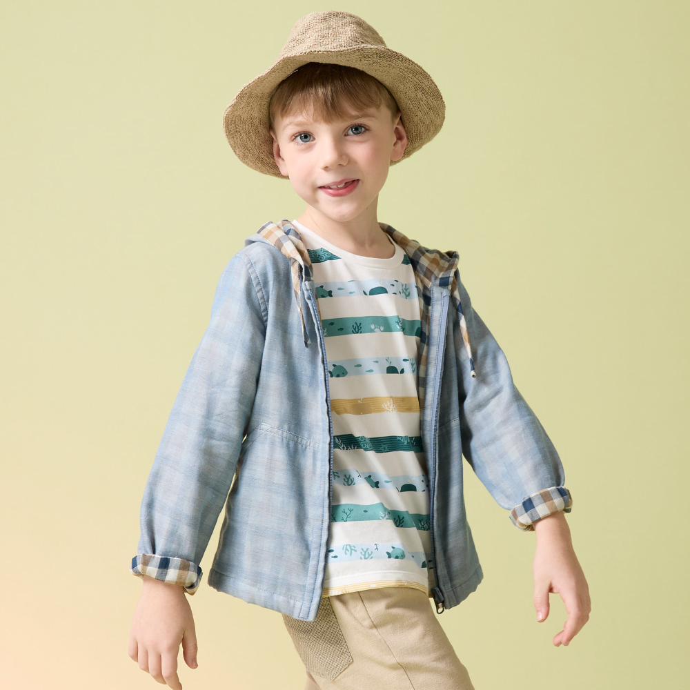 PIPPY 格紋舒適彈性棉雙面連帽外套 藍