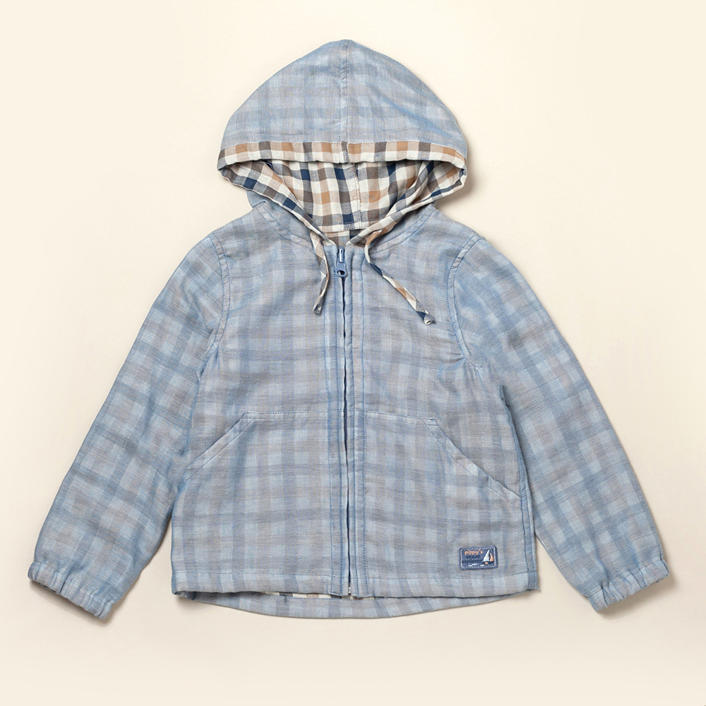 PIPPY 格紋舒適彈性棉雙面連帽外套 藍