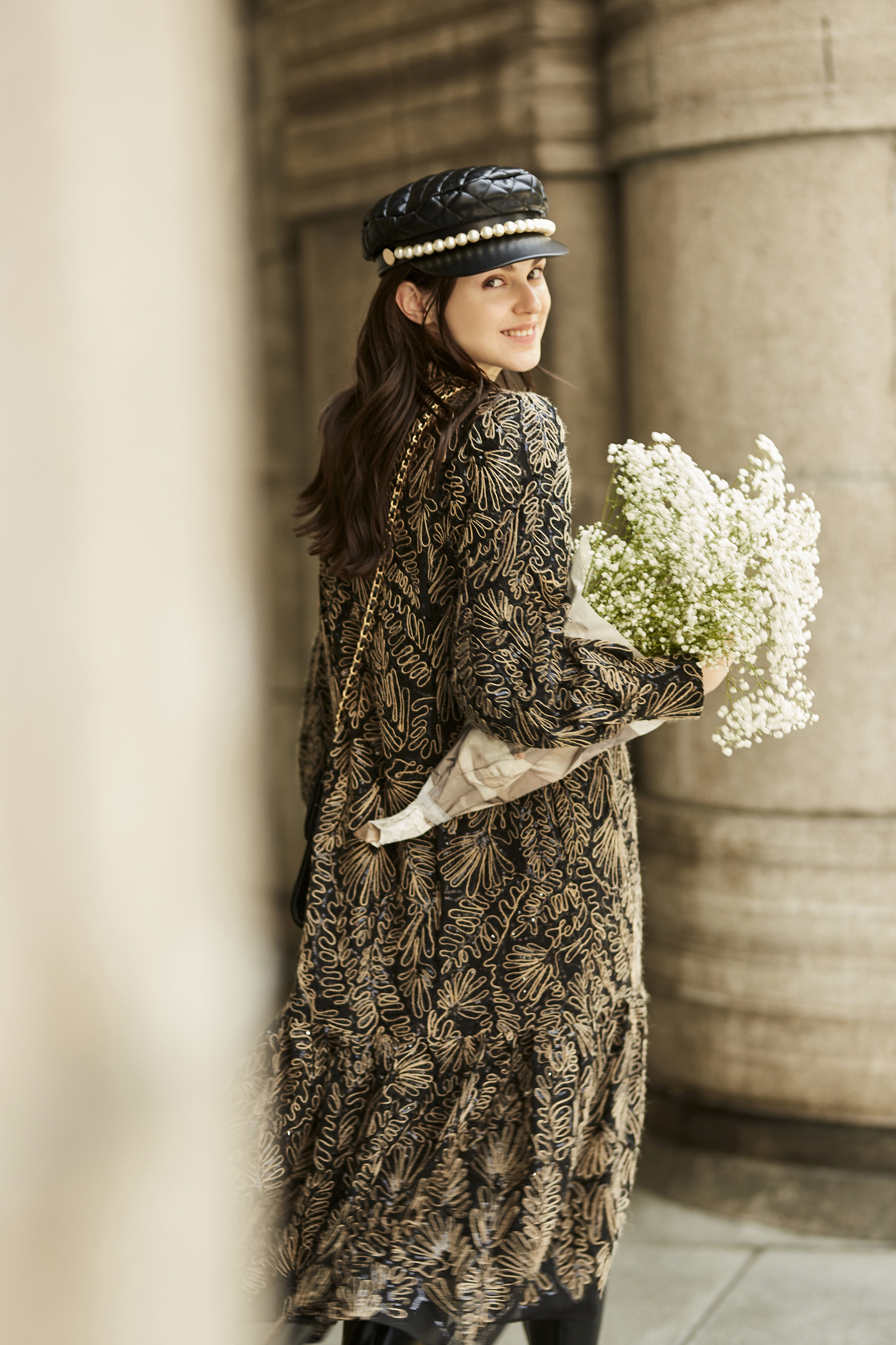 BC15039E1古埃及紙紗草刺繡V領洋裝 (附綁帶)