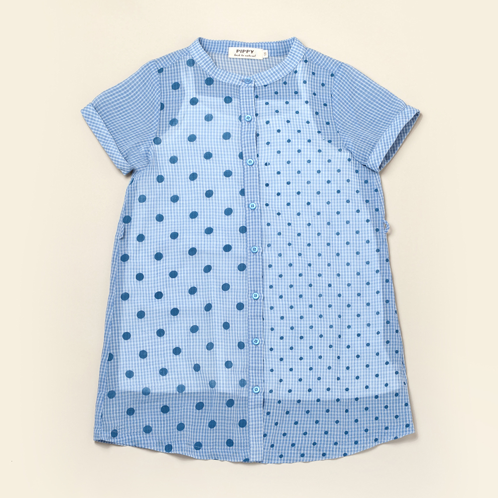PIPPY 純棉大點小點拼接圓領長連身裙洋裝 藍
