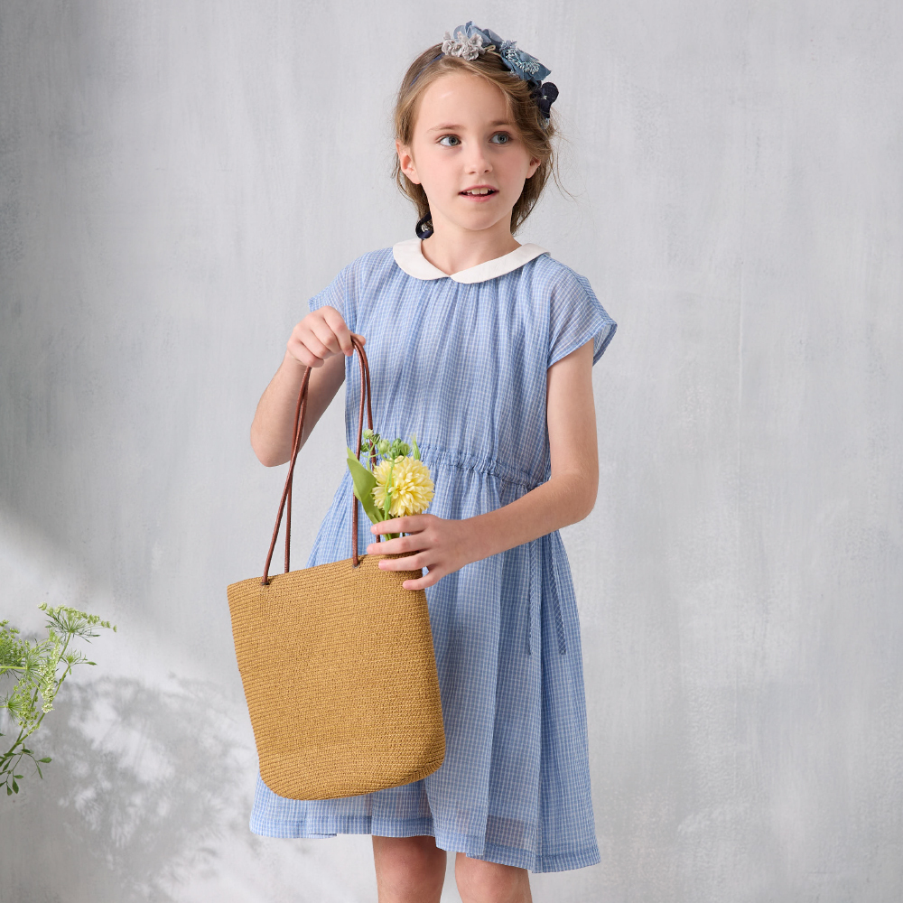 PIPPY優雅格紋花瓣領純棉抽繩連身裙洋裝 藍