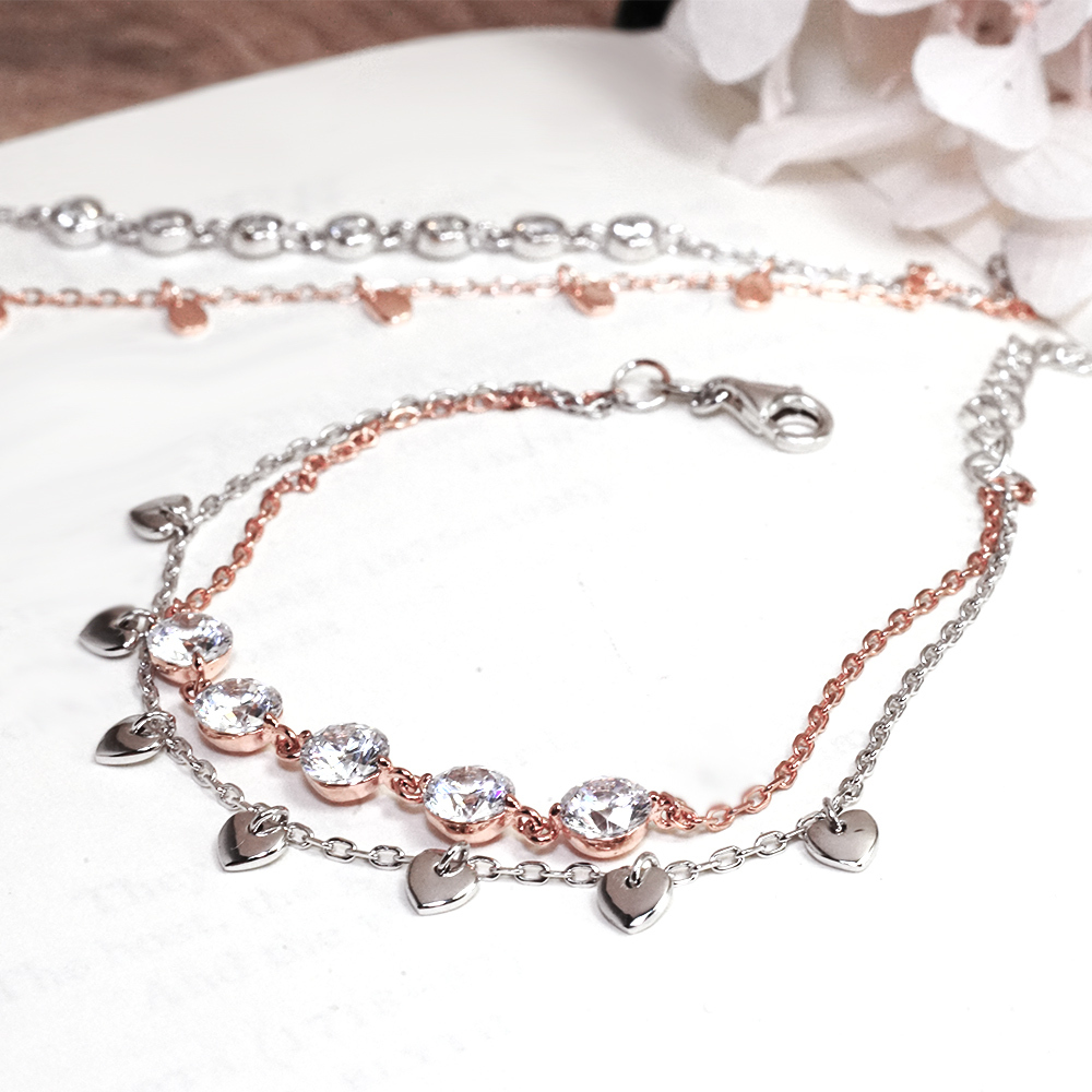 限量 清晨的露珠 雙層手鍊 925純銀手鍊 鍍玫瑰金 女生手鍊