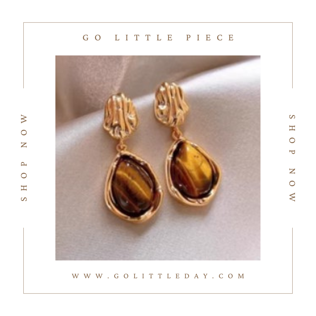 Go Little Piece 韓國 復古設計 虎眼石耳環 (逢星期日截單後14-21個工作天發貨) - 111