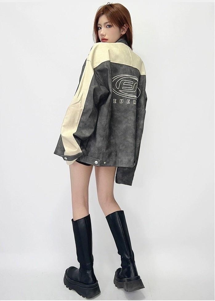 Concept 簍空刺繡拼色賽車皮外套 98162