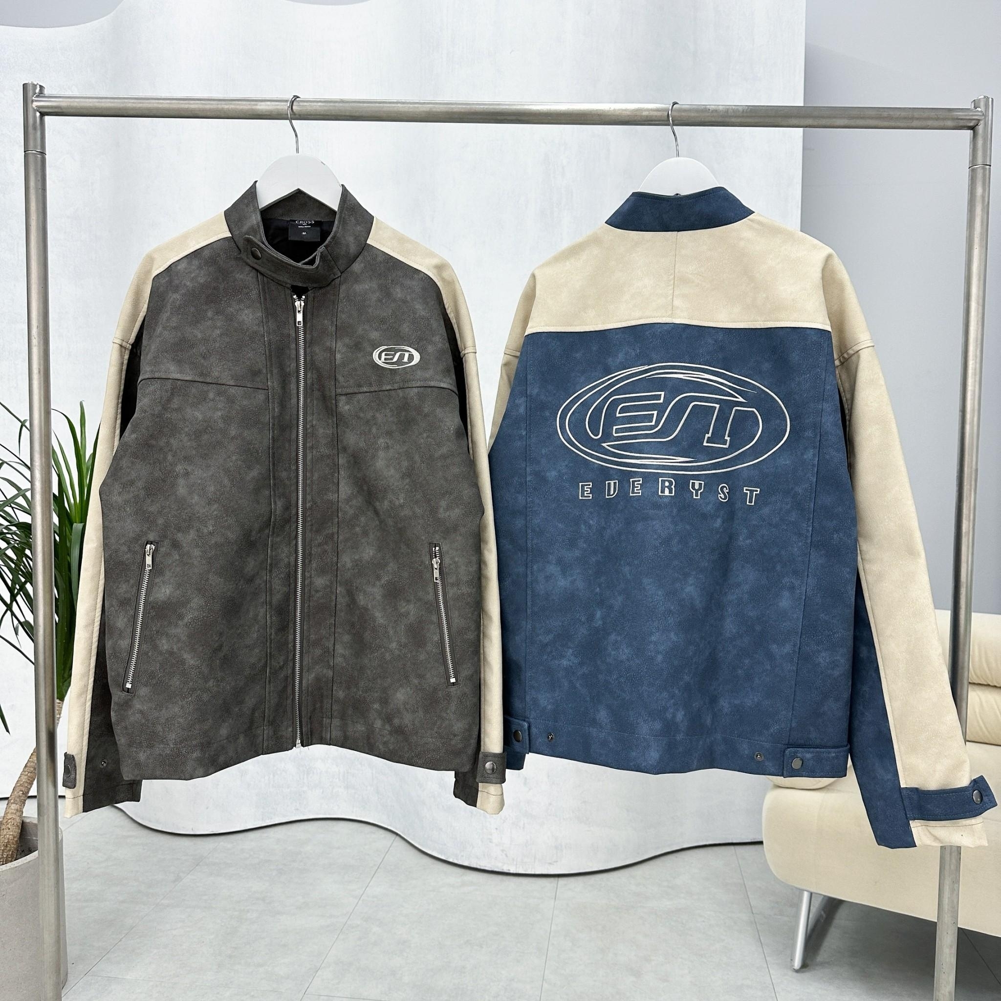 Concept 簍空刺繡拼色賽車皮外套 98162