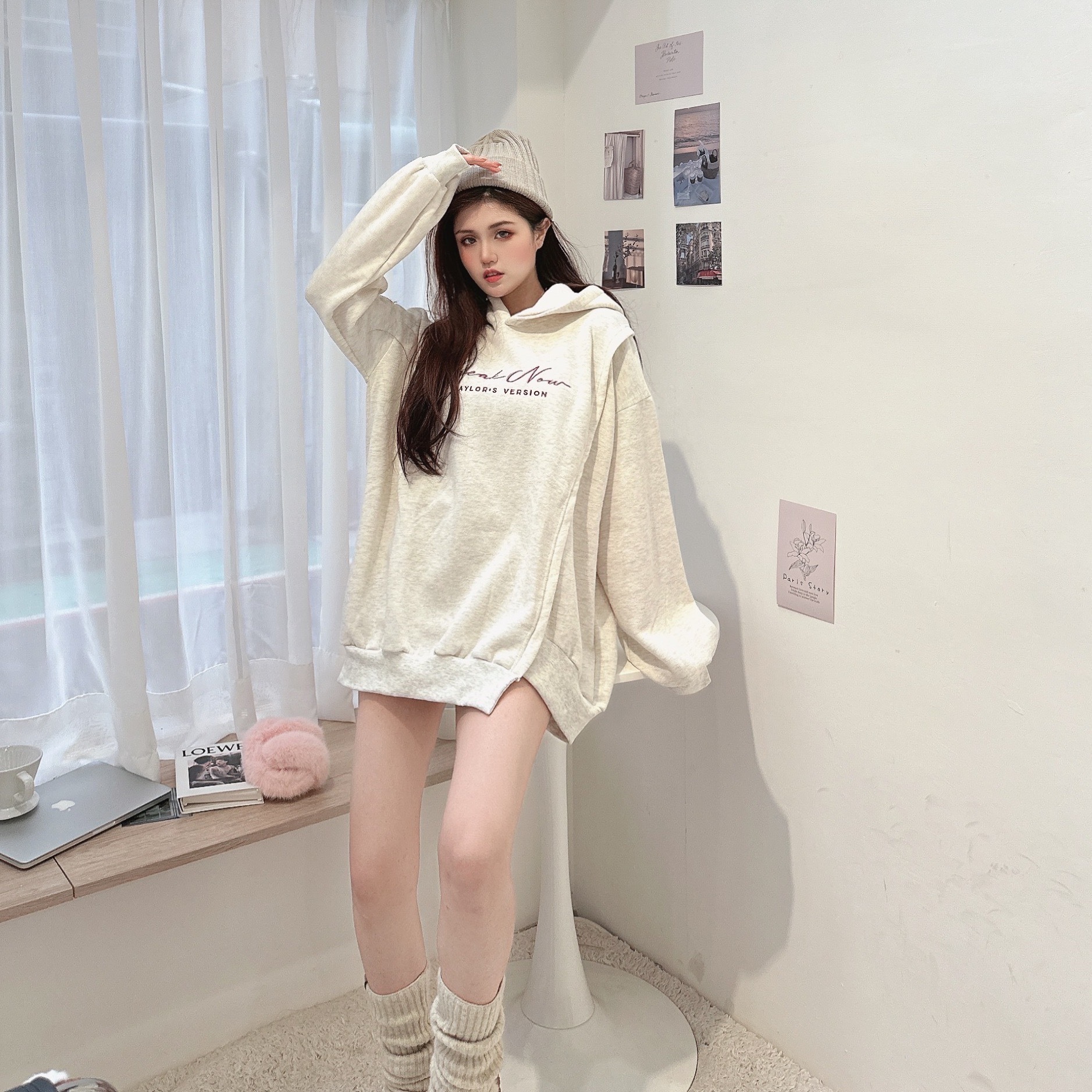 草寫字母刷毛帽T/三色