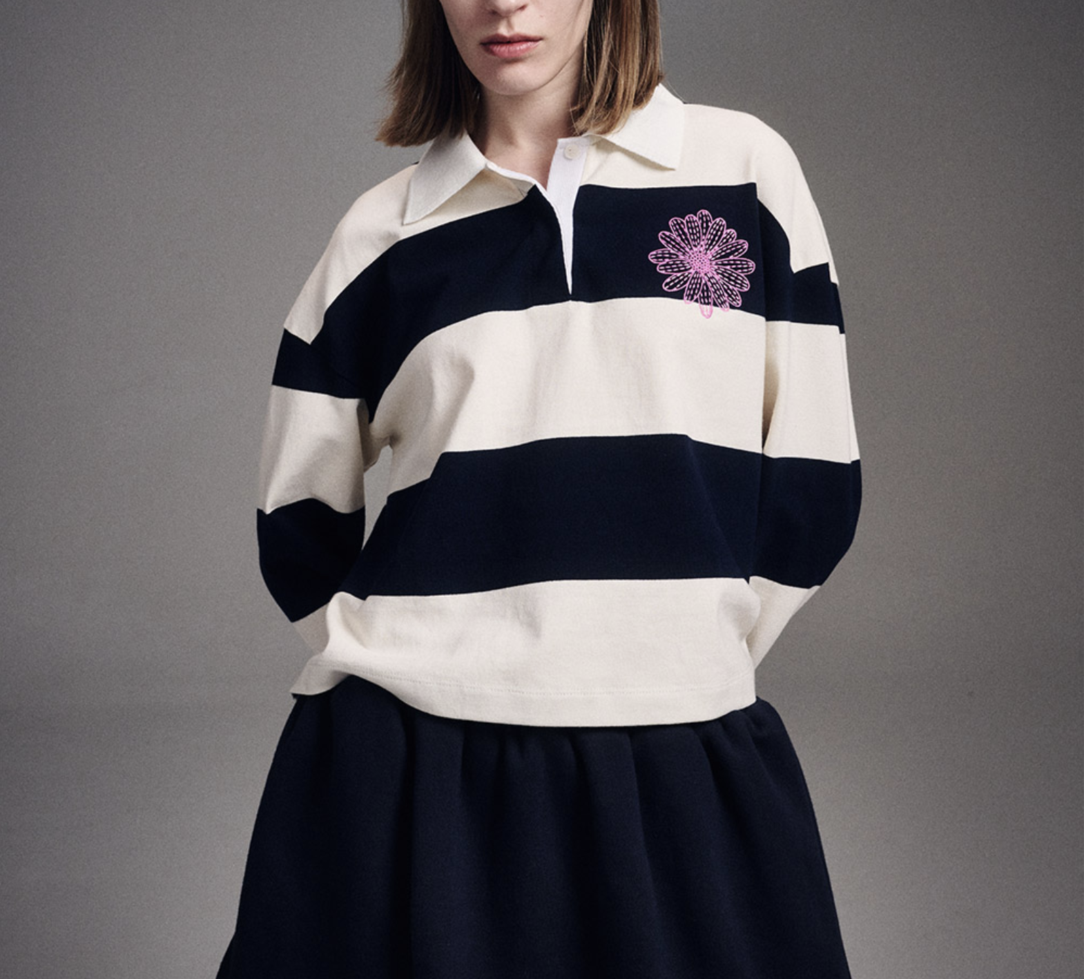 韓國Mardi Mercredi RUGBY SHIRT STRIPE FLOWER_IVORY NAVY