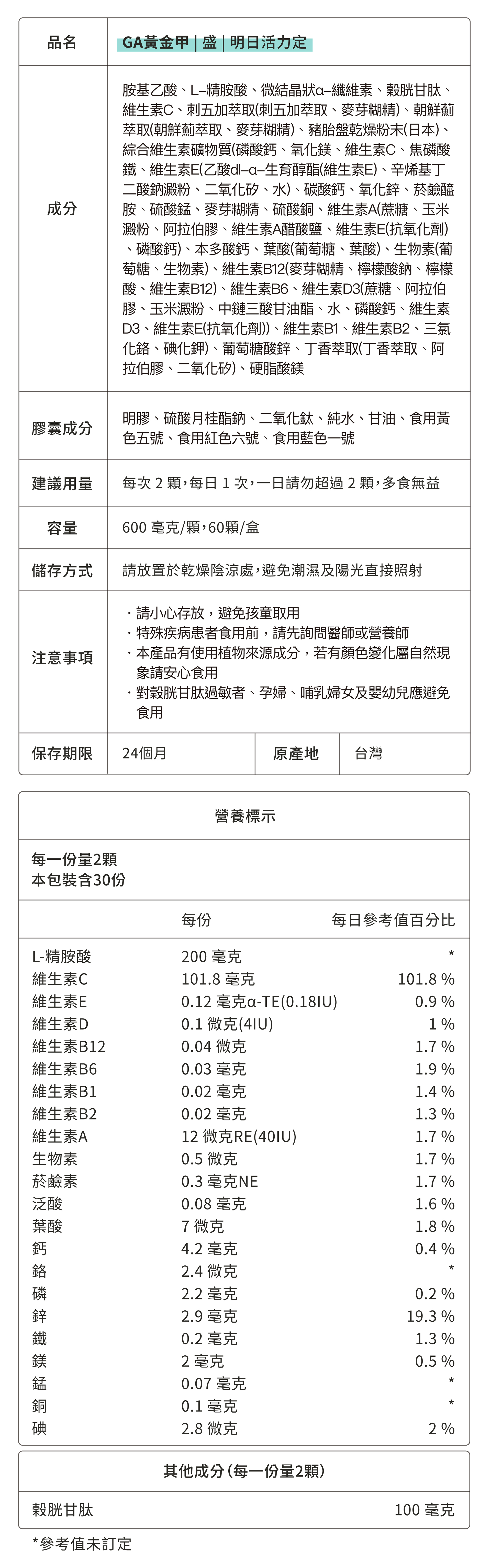 GA黃金甲明日活力定成分營養標示表