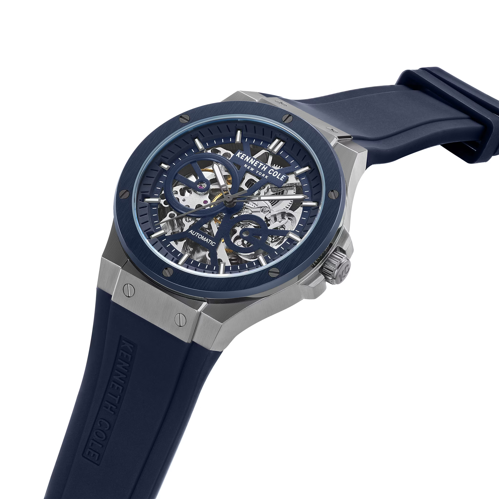 萬年鐘錶 - KENNETH COLE  美國紐約品牌   槍灰鋼藍面透視機芯機械橡膠錶帶男錶 KCWGR0033504  錶徑43MM