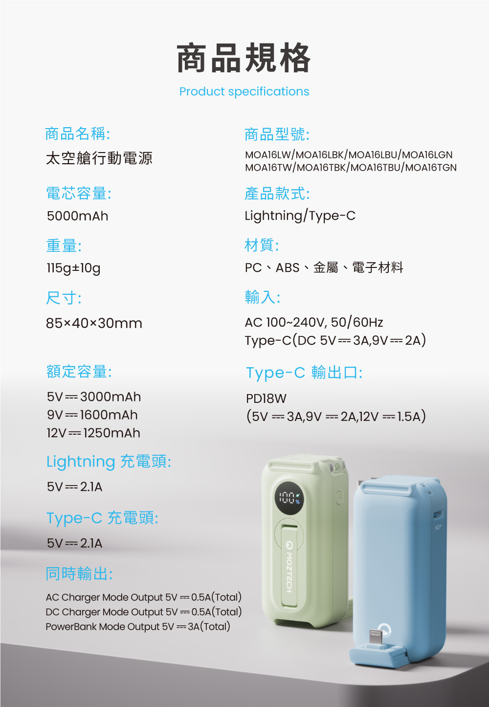 MOZTECH 太空艙 輕巧多功能口袋行動電源商品規格表